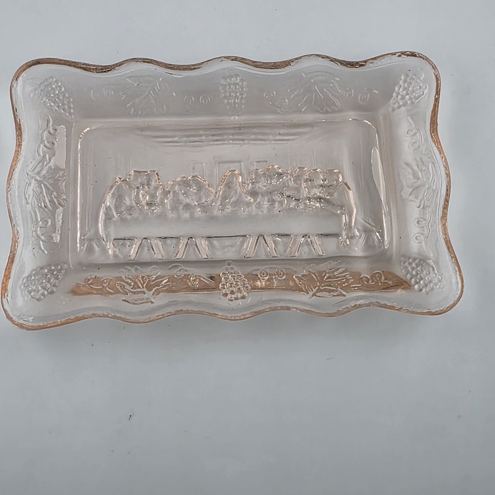 Vintage Tiara Indiana Last Supper Trinket‎ Tray Pink Dish Glass 5.5 x3.5